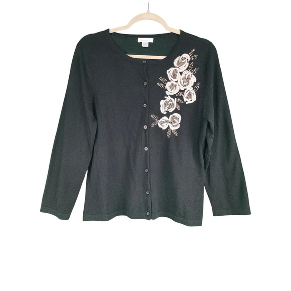 Garnet Hill Embroidered Button Front Merino Wool Cardigan Size Large - Picture 1 of 5